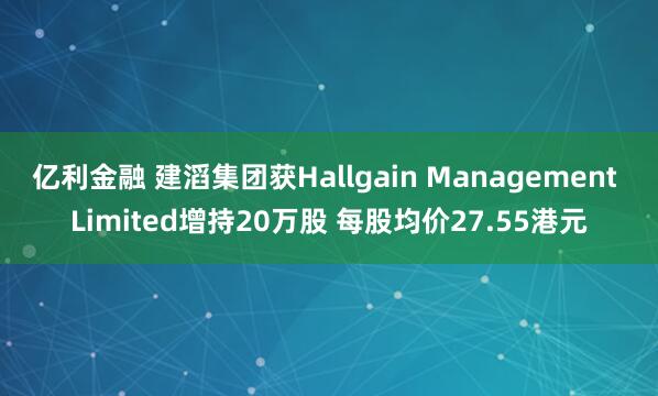 亿利金融 建滔集团获Hallgain Management Limited增持20万股 每股均价27.55港元